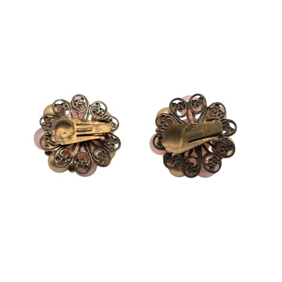 Vintage Pink & Gold Toned Cluster Floral Round Clip On Non Pierced Ear Earrings - Picture 3 of 9